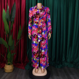 Women Printed Turndown Collar Lace-Up Shirt Wide Leg Pants Two-Piece Set