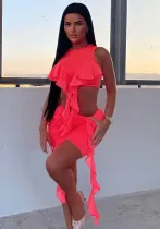 Women Ruffles Strapless Open Waist Top and Irregular Skirt Two Pieces