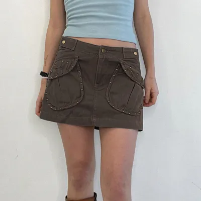 Women Beauty Street Retro Rivets Pockets Denim Skirt