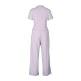 Women short-sleeved loose pleated v-neck shirt and trousers two-piece set