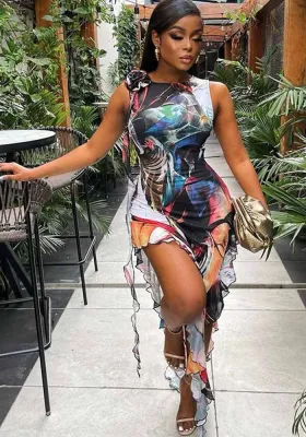 Plus Size Women Flower Irregular Ruffle Dress