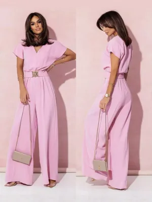 Fashionable Short-Sleeved V-Neck Solid Color Slim-Fit Jumpsuit