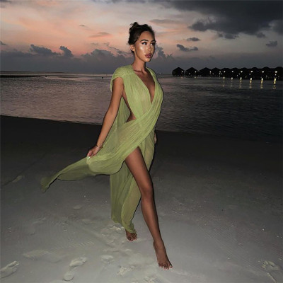 Summer Fashion Sexy Solid Color Deep V Neck See-Through Mesh High Slit Dress