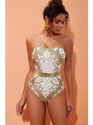 Strapless Printed One-Piece Spa Swimsuit Holidays Mesh Skirt Set