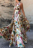 Spring Summer Women's Fashion Chic Printed Halter Neck Low Back Midi Dress