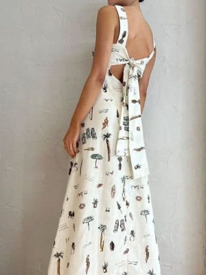 Bow Lace-Up Summer Women's Printed Strap Casual Long Dress