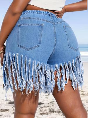 Summer Plus Size Women Tassel Denim Shorts