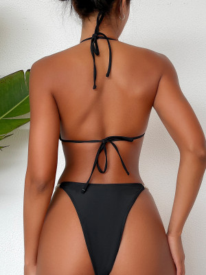 Women Bikini Sexy Backless Lace-Up Solid Swimwear