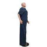 Women Casual Plaid Washed Denim Top and Bell Bottom Pants Two-piece Set