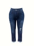 Plus Size Women Summer Ripped Stretch Denim Cropped Pants