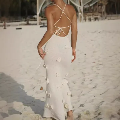 Women's Strap Low Back Flower Knitting Sexy Long Dress