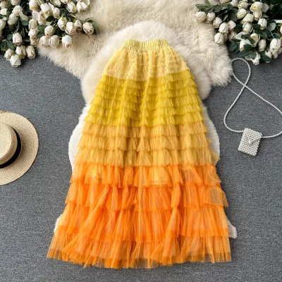 Women Irregular Gradient Cascading Ruffles Puffy Mesh Skirt