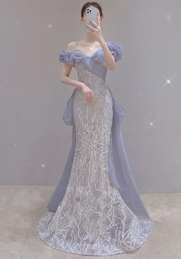 Women Off Shoulder Sequin Party Mermaid Evening Dress