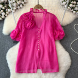 Women French Summer Short Sleeve Flower Mesh Shirt