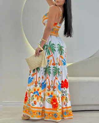 Women White Holidays Printed Suspender Long Skirt