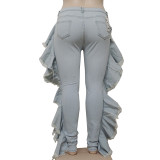 Women's Denim Pants Streetwear Casual Frayed Side Ruffles Tight Fitting Stretch Jeans