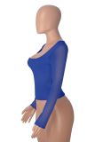 Women's Long Sleeve Solid Color Square Neck Sexy Mesh Top