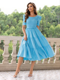 Summer Women's Clothing Square Neck Low Back Short Sleeve Puff Sleeve Pleated Dress