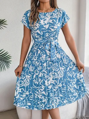 Spring Summer Elegant Floral Short-Sleeved Casual Belt Pleated Dress