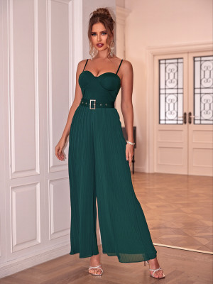 Spring Summer Strap Sexy Belt Pleated Jumpsuit