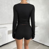 Women's Spring Summer Solid Color Slim Long Sleeve Tops Pants Two-Piece Set