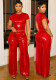 Women Summer Shiny Solid Short Sleeve Top and Wide Leg Pants Two Piece Set