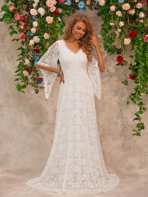 Women V-Neck Long Sleeve Lace Dress