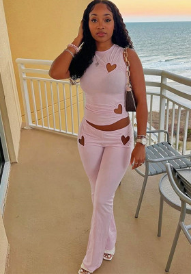 Women Spring Summer Heart Print Hollow Solid Sleeveless Tank Top Pants Two Piece Set