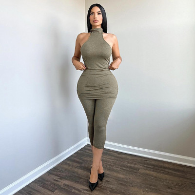 Women Sexy High Neck Sleeveless Vest Top and Shorts Two Piece Set
