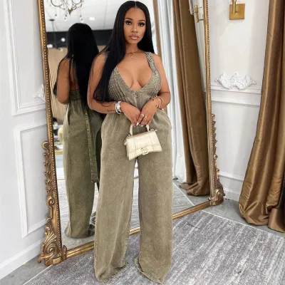 Women Solid Backless Sleeveless Denim Jumpsuits