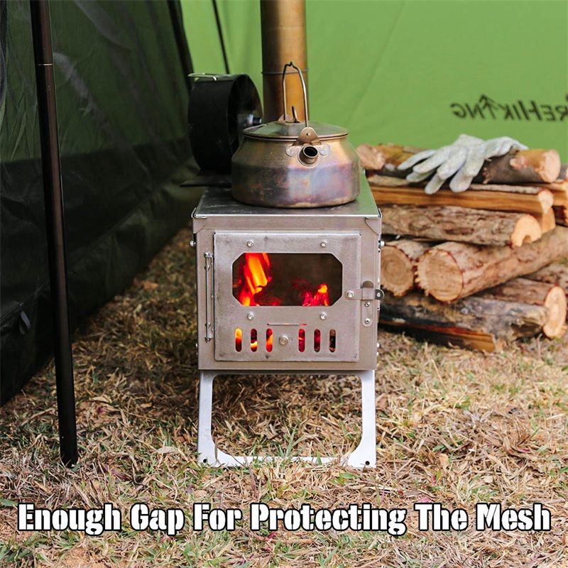 wood stove with fire hiking hot tent