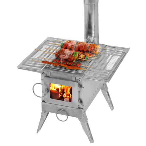 Portable Wood Burning Stove With Side Shelves Fireproof Glass Camping BBQ Heating Cooking