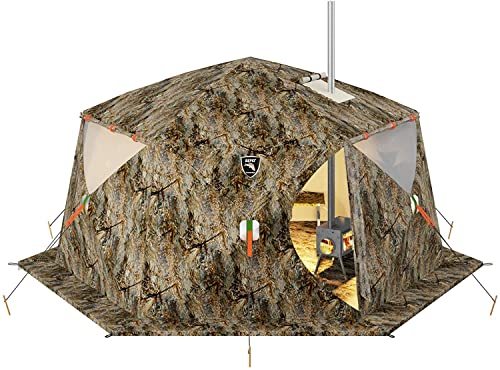 Russian-Bear Hot Tent with Stove Jack for 3 – 8 People All-Season for Camping Fishing Hunting Double Layer Waterproof Tent with Windows Hexagon Camouflage