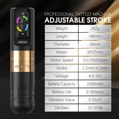 Ambition Seher Wireless Tattoo Machine Pen W 2.2-4.2mm Adjustable Stroke 2400mAh Touching Screen Battery