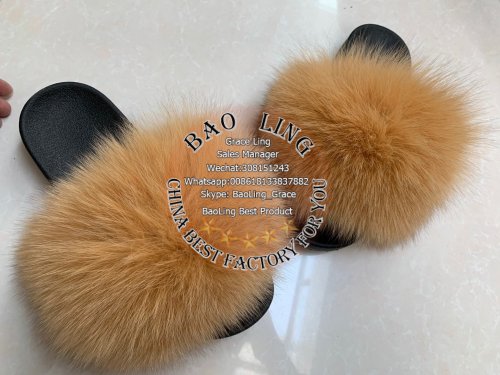 BLFBB Brown Camel Khaki Biggest Fox Fur Slides