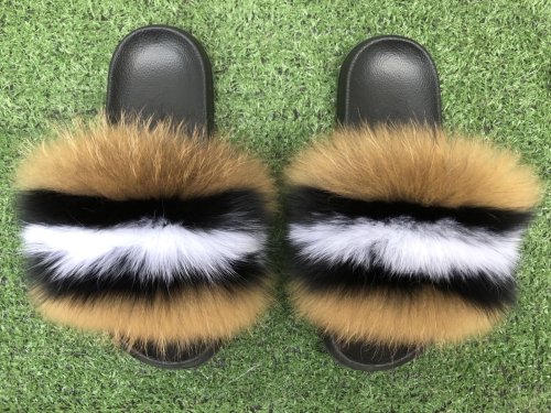 BLFDBWNR Fashion New Design Black White Natural Raccoon Fox Fur Slippers Slides