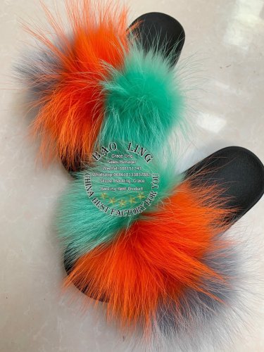 BLRGOG Green Orange Grey Raccoon Fur Slippers Slide