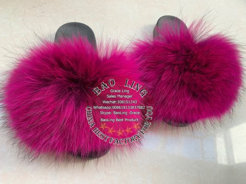 BLRBHP Biggest Hot Pink Fushcia Raccoon Fur Slippers Slides