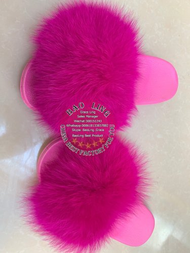 BLFF Hot Pink Fuchsia Fox Fur Slippers Hot Pink Slides