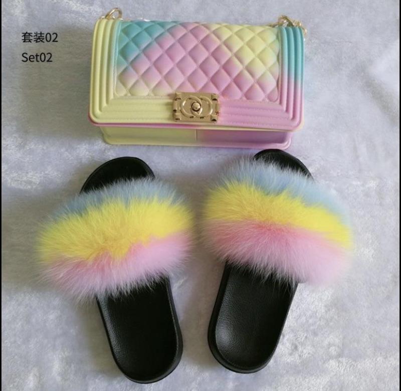 BLSB27 Fox Fur Slides Slippers with handbag Purse One Set