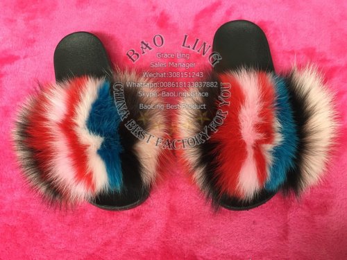 BLFRC10 Rainbow Colorful Splat Fox Fur Slippers
