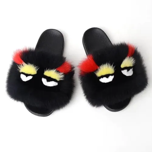 BLFM27 Black Monster Fox Fur Slides