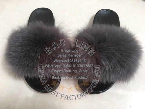 BLFSCDG Dark Grey Color Fox Fur Slippers
