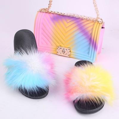 BLSB04 Faux Fur Slides Slippers with handbag Purse One Set