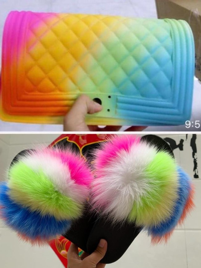 BLSB32 Fox Fur Slides Slippers with handbag Purse One Set
