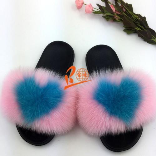 BLFHDC Heart Different Color Fox Fur Slippers