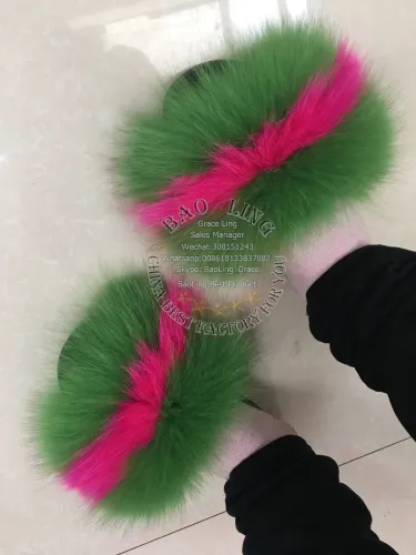 BLFBGF Biggest Green Fuchsia Hot Pink Fox Fur Slides