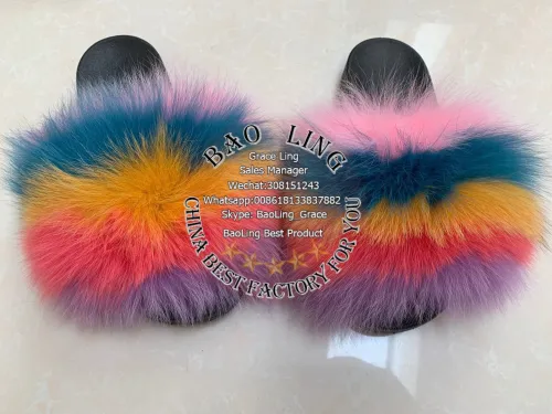 BLFBC Rainbow Horizontal Colorful Fur Slides Slippers