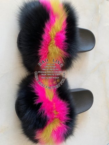 BLFBBHG Black Hot Pink Green Fur Slides Slippers