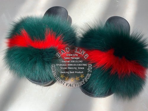 BLFNGE Normal Fur Green Red Fox Fur Slippers Slides